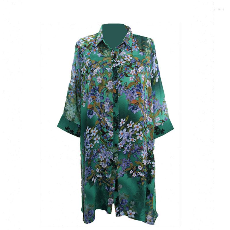 

Women's Blouses Harajuku Flowers Print Womens Shirt Vintage Elegant Chiffon Blouse 2023 Spring Autumn Long Sleeve 3/4 Clothes Satin Tops, Green