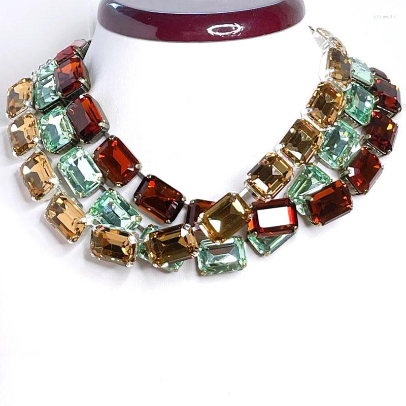 

Choker Green Orange Red Square Crystal Necklace Ladies Fashion Party Banquet Copper Micro Inlaid Short Wedding Jewelry