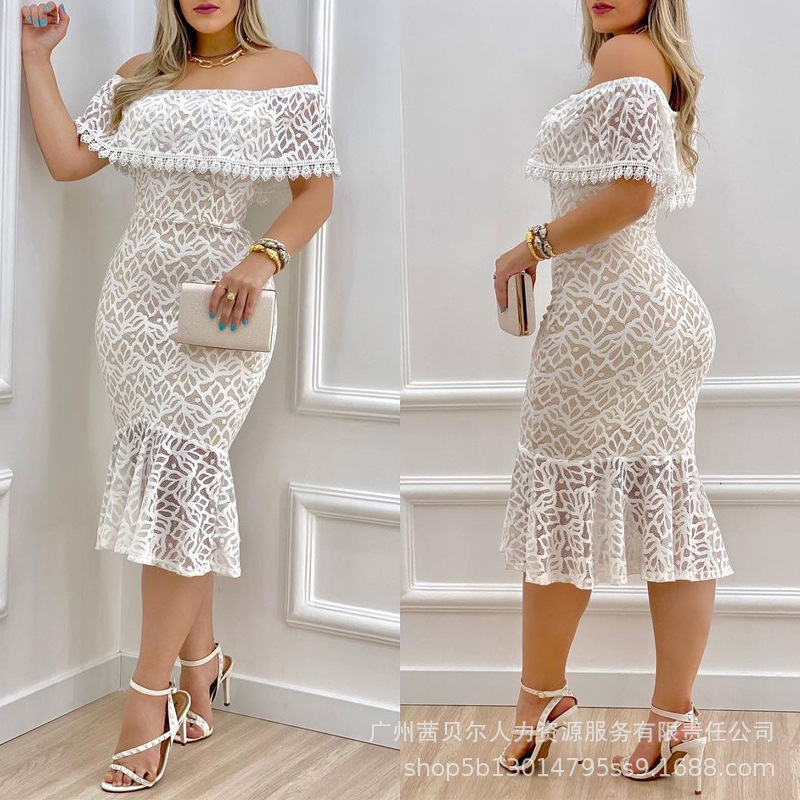 

Two Piece Dress White Elegant Lace Off Shoulder es for Women Summer High Waist Ruffle Slim Fashion Casual Office Lady 230509, Beige