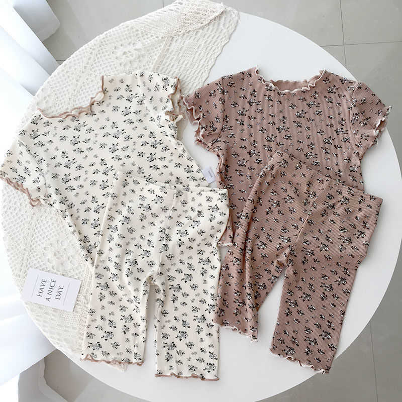 

Clothing Sets Baby Girl Nightgown Floral Suit Full Printed T-shirts Summer 2pcs Toddler Girls Trendy Short Sleeve Pajamas Set Home Wear Y23, Beige