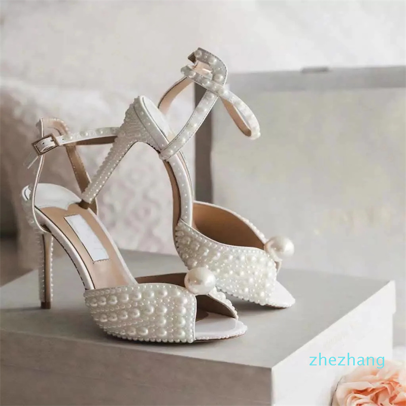 

2023- Platform Sandals Shoes All-Over Pearl Embellishment Women Sacora Elegant Bridal Wedding Dress Pumps Luxury Brands Lady High Heels