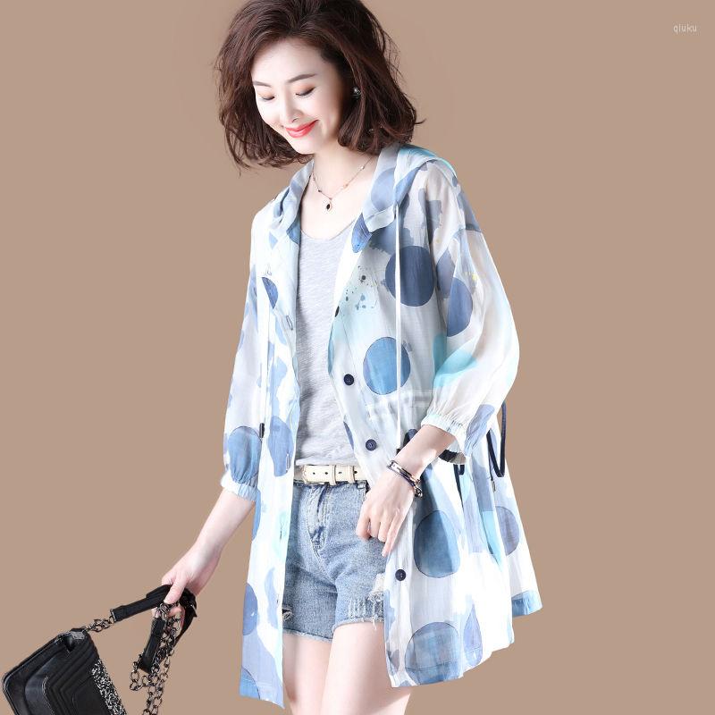 

Women's Jackets 2023 Spring Summer Hooded Women Casual Lightweight Long Sleeves Outerwear Print Sun Protection Cardigan Jacket Q61, Blue