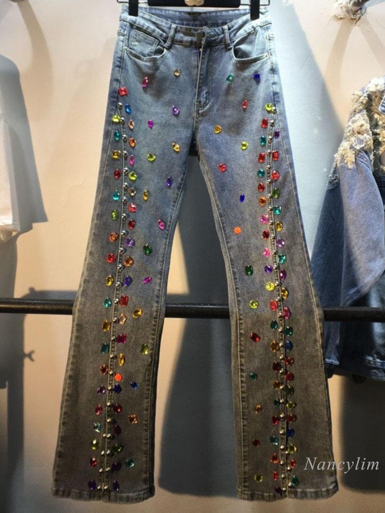 

Women' Jeans 2023 Spring Summer Skinny Women' Exquisite Rhinestone Beaded High Waist Slim Slimming Blue Denim Pants Flare, Black