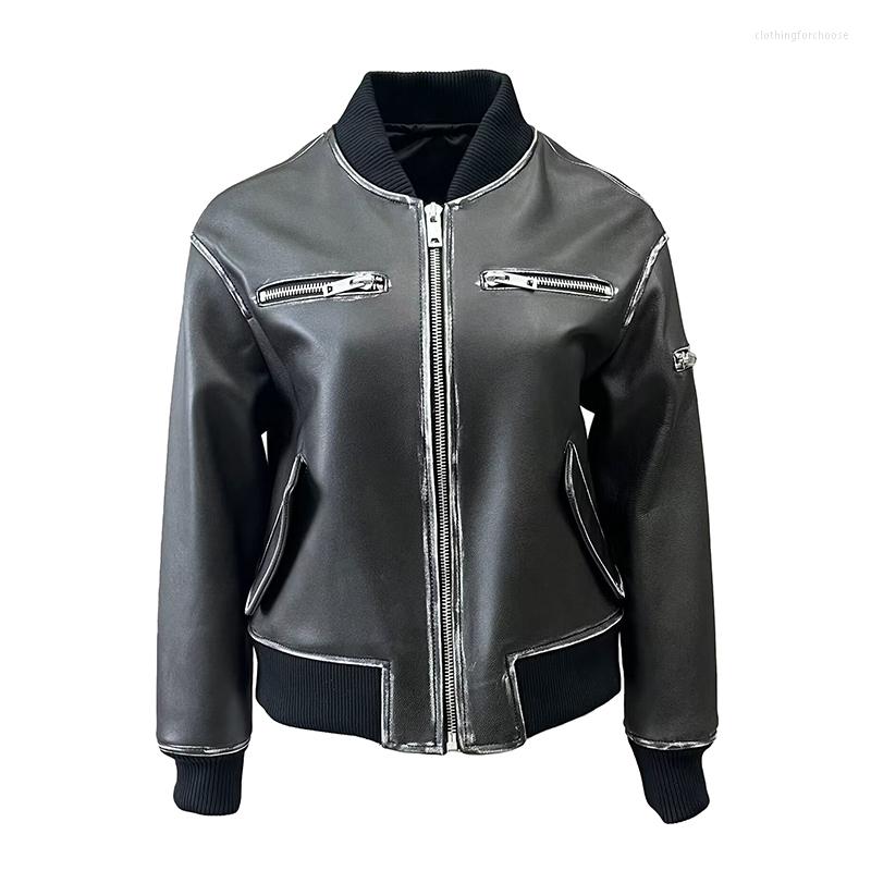 

Women's Leather Lady Fashion Streetwear Jacket Design Distress Moto Biker Women Genuine Coat QG5536, Black