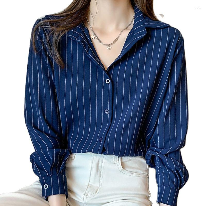 

Women' Blouses Striped White Blouse Women Office Lady Tops Button Long Sleeve Chiffon Shirt Woman Clothes 2023 Spring Autumn Blusas Femme, Blue