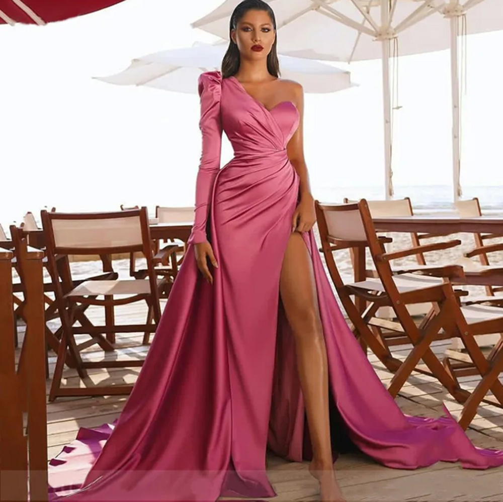 

Sexy Evening Dresses Formal Prom Party Gown A Line One-Shoulder Long Sleeve Floor-Length Sweep Train Satin long Thigh-High Slits Custom, Yellow