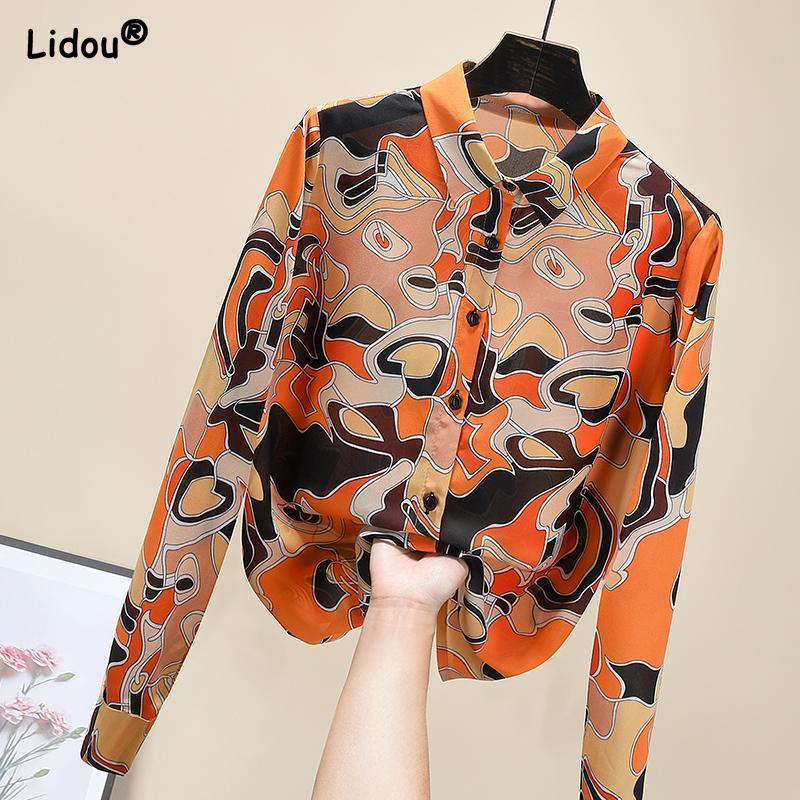 

Shirts Women New Fashion Turndown Collar Single Breasted Straight Casual Shirts Thin Office Lady Blouses Free Shipping Clothing Female, Orange