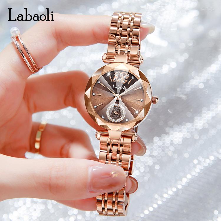 

Wristwatches LAOBAOLI Rose Gold Women Wrist Watches For Ladies Stainless Steel Quartz Female Rhinestone Clock Hour Gift Dropship, Blue