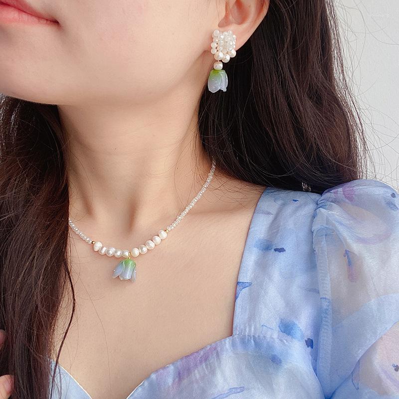

Choker Ins Cute Young Girl Natural Pearl Tulip Pendant Necklace Women Elegant Wedding Jewelry Handmade Fashion Party Earrings