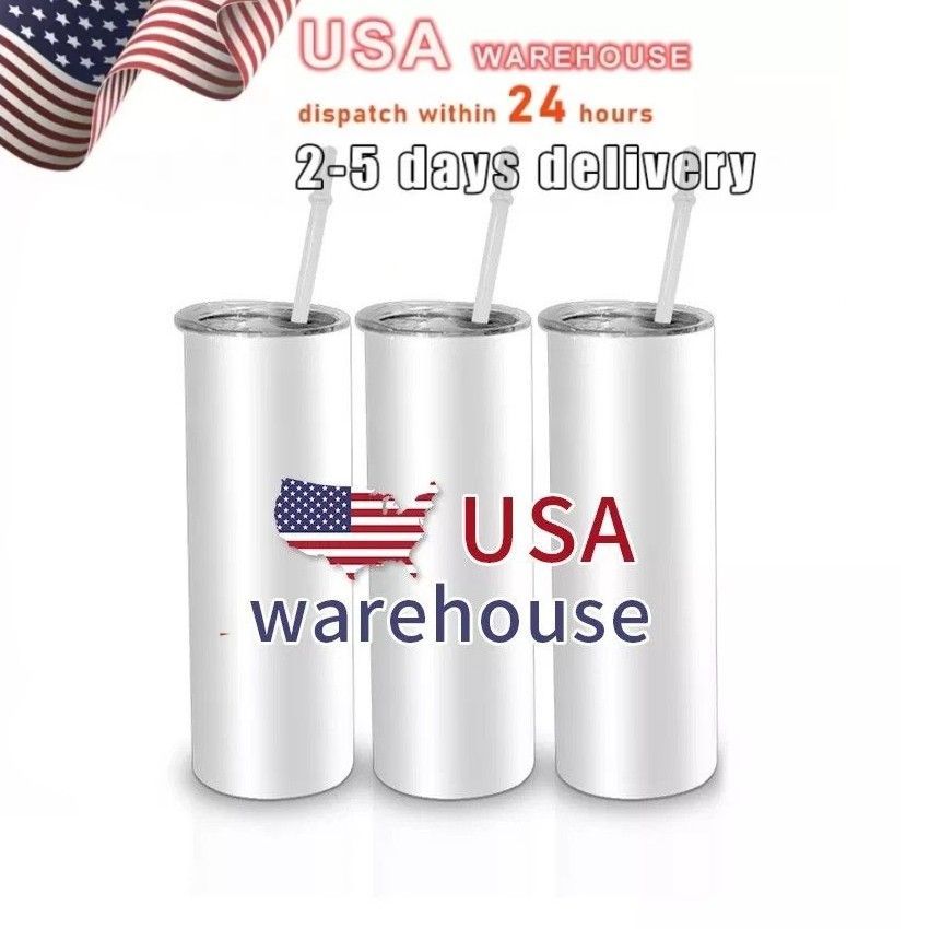 

USA Warehouse 20 oz Sublimation Tumblers Blanks Stainless Steel Straight Vacuum Insulated Double Slim DIY Cups Car Coffee Mugs With Lids and Straw, White