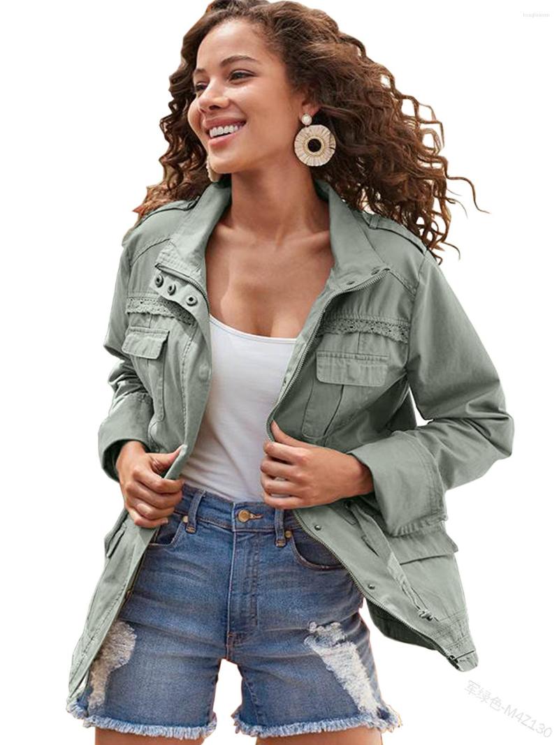 

Women's Jackets Spring Autumn Fashion Trendy Solid Color Waist Slim Zipper Multi-Pocket Jacket Women's Casual, Army green