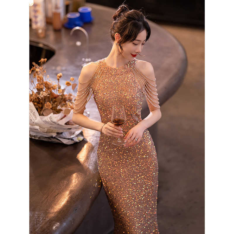 

Golden Evening Dress Women' 2023 New Dress Banquet Elegance Celebrity Evening High Set Fishtail Dress Evening Dress665, Champagne gold split fish