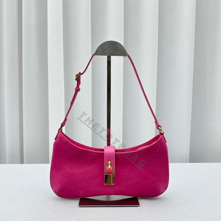 

23 Le Bisou Cadenas suede shoulder bag Designer Perle Leather Hobo Handbags zipped closure gold-toned logo padlock adjustable buckled shoulder strap Purse new, 11