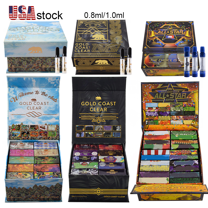 

USA Stock GCC Atomizers GOLD COAST CLEAR Empty Vape Cartridges Smoker Club Edition Packaging 0.8ml 1.0ml Glass Tank Carts 510 Thread For Thick Oil E Cigarettes
