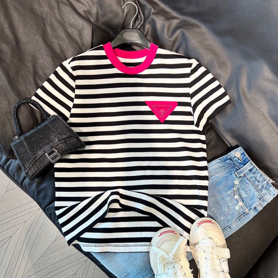 

luxury brand 2023 Summer New Striped Color Contrast Triangle Logo Printed Short Sleeve T-shirt Casual Fresh Loose Comfortable Women' Top, Fringe