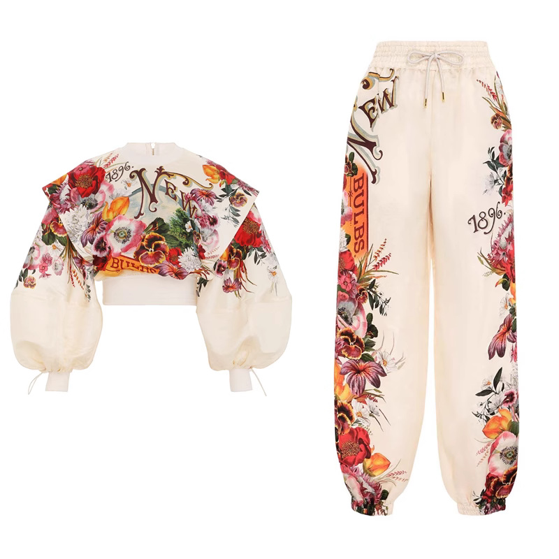 

Women's Two Piece Pants Australian Designer Designed 2023 Spring/Summer Printed Silk Linen Top Drawstring Sweatpants, Multi