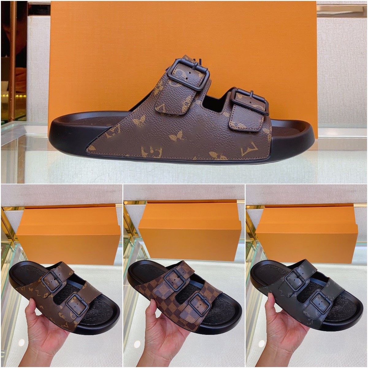 

Trainer Mule Luxury Designer Men Slippers Trainer Mule Summer Outdoor Fashion Mens Buckles Metallic Leather Slipper Sandal Slides Beach Shoe Size 38-45, Color21