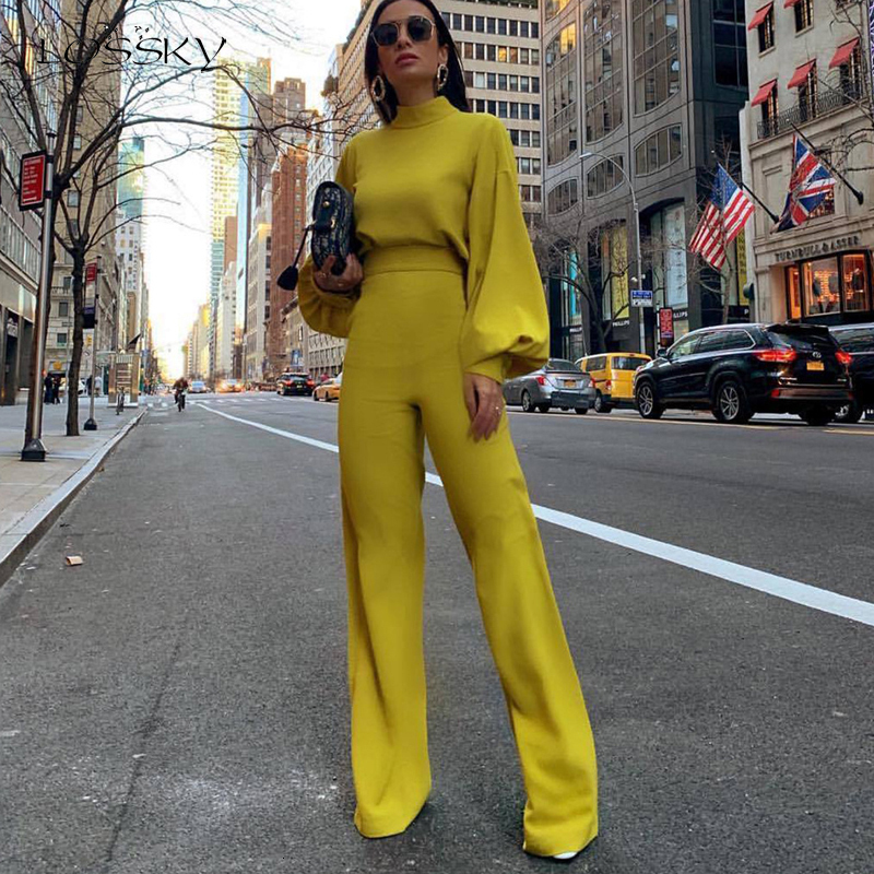 Women's Two Piece Pants Lossky Jumpsuit Women Long Sleeve Long Pant White Ladies Romper Suit Elegant Half Turtleneck Wide Leg Trouser Fall Clot
