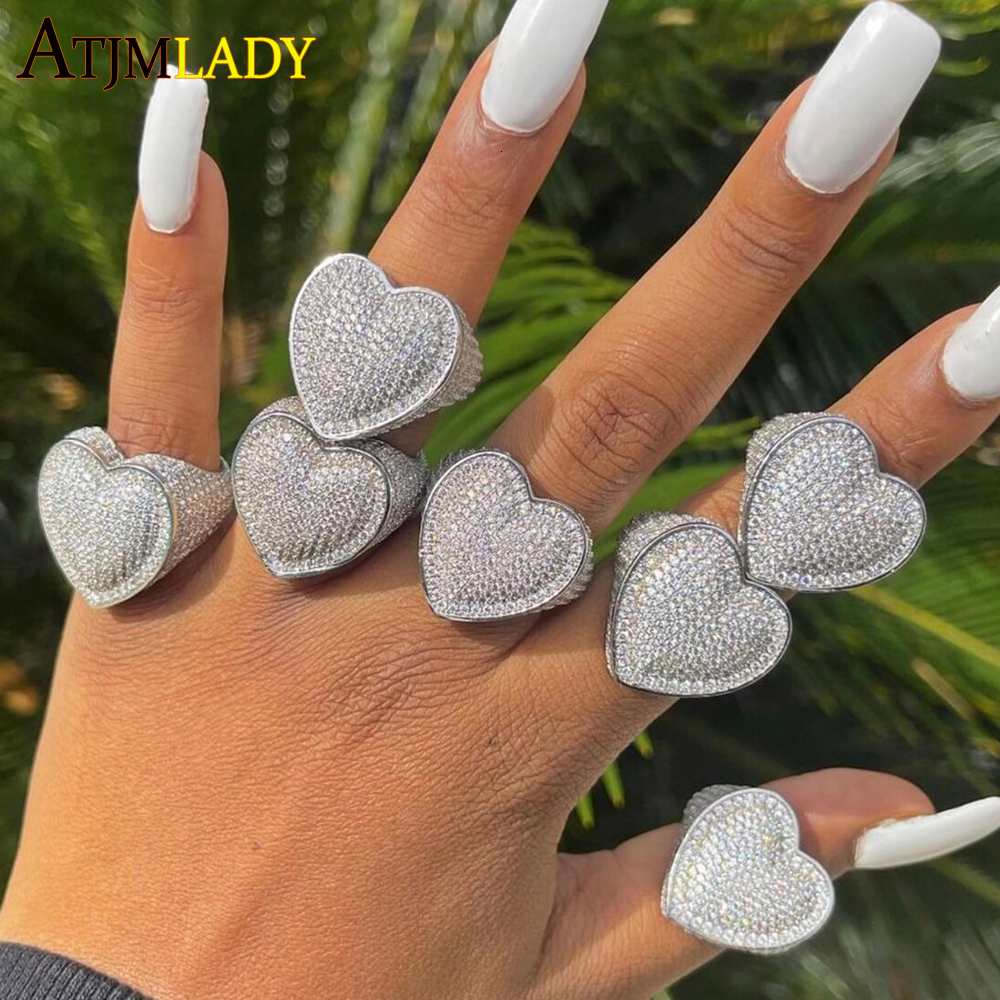 Anneaux De Bande Arrivent Plein Pavé Bling Cubic Zircon Cuivre Grand Coeur Anneau Glacé Hip Hop 5A CZ Bijoux De Doigt Pour Hommes Femmes Mode 230
