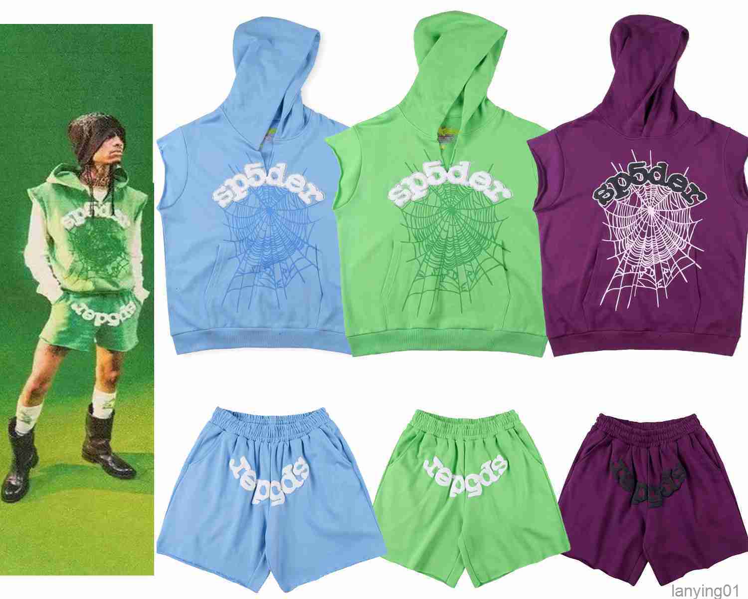 

Men' T-shirts Summer Designer 555555 Bodybuilding Hooded Sleeveless Shirt Fitness Mens Tank Top Casula Loose Elastic Waist Shorts, Purple top