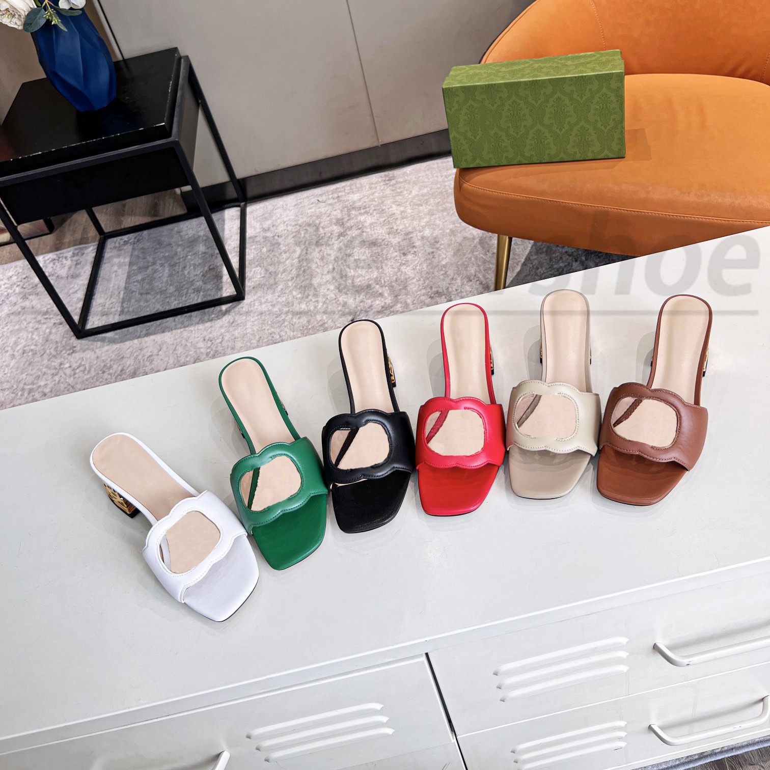 

top quality designer shoe womens sandal luxury slippers Interlocking G Flat high heel cut-out men slide leather summer outside comfort flat slipper, #4