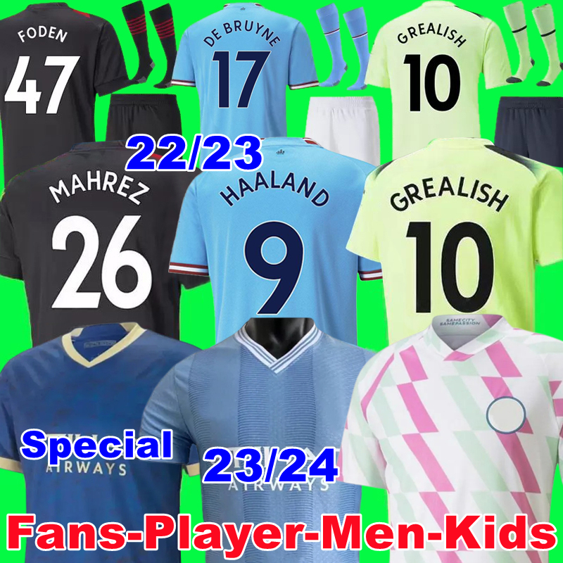 

23 24 HAALAND soccer jersey DE BRUYNE GREALISH MANS CITIES STERLING MAHREZ FODEN fans player version 2023 2024 football tops shirt kids kit sets Equipment, 22/23 away+ucl