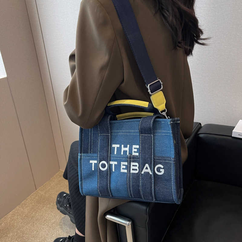 

50% OFF 2023 handbag Women New Fashion Letter Handheld Crossbody denim Blue Splice Tote Bag, Black9