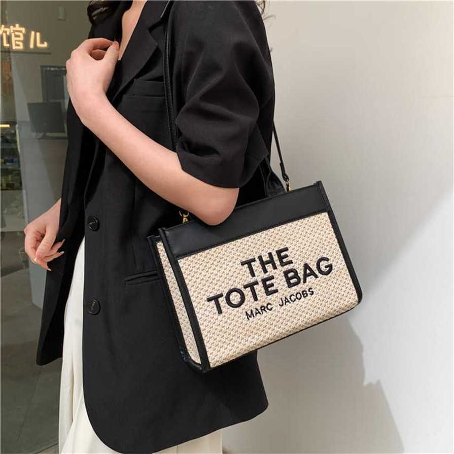 

17% OFF 2023 handbag s Fashion Tote Jacquard Canvas Commuting One Shoulder Computer Briefcase Oblique Straddle Handheld Women's Bag, Straw black