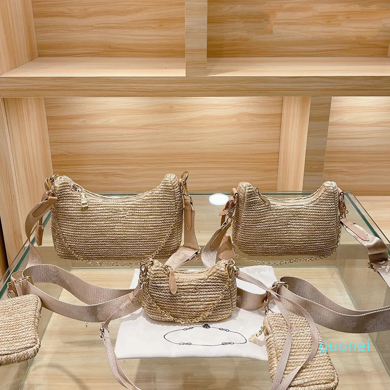 

Designer -Straw Crossbody Bags Shoulder Messenger Bag High Quality 2023 Women Summer Woven Gold Chain Fashion Designer Hobo Purse Three-in-one, Khaki with l*g*