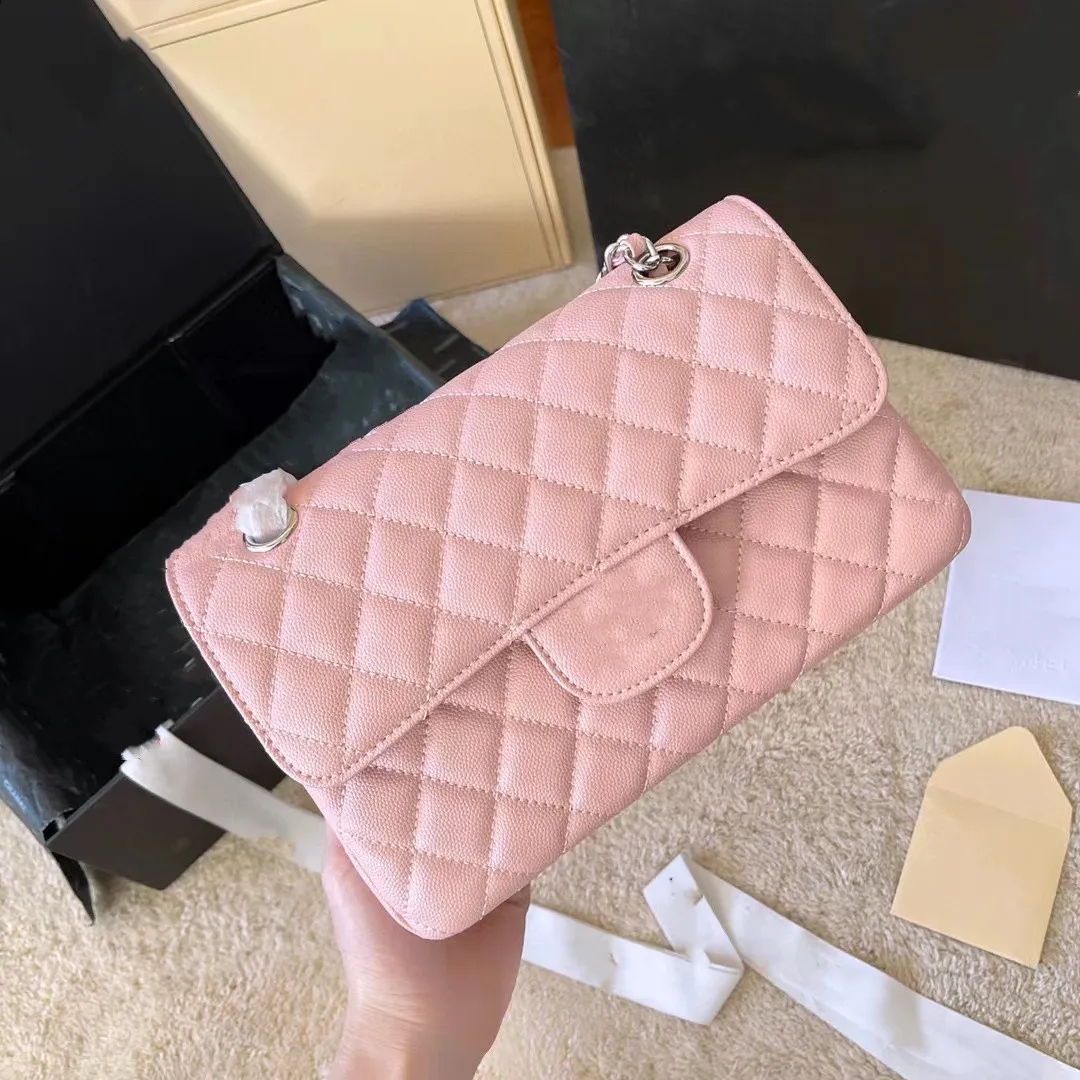 

Women's classic mini flap Rectangule quilted handbag caviar calfskin leather kinds of antique gold and silver color hardware Matelasse chain Crossbody shoulder bag, Pink caviar silver chains