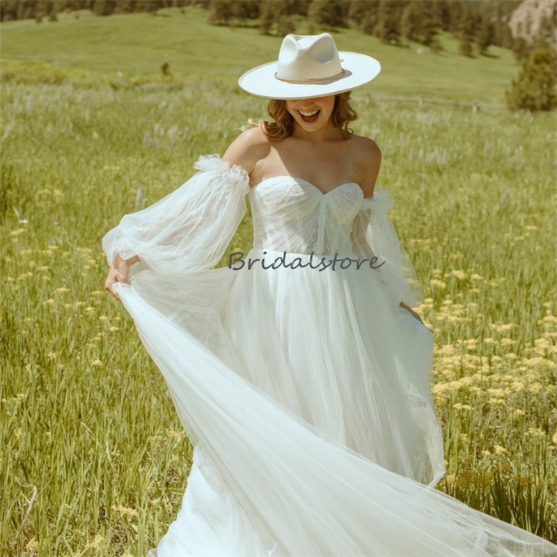 Hippie Fairy Boho Wedding Dress Puff Sleeves A Line Tulle Beach Bridal Sweetheart Korean Civil Bohemain Country Bride Gorgeous vestidos de novia rob