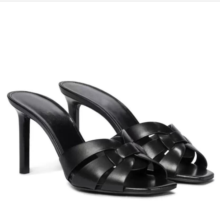 

Women sandal slipper slide sexy high heels shoes luxury designer shoe for woman black genuine leather Tribute 85mm leathers sandals brands with box