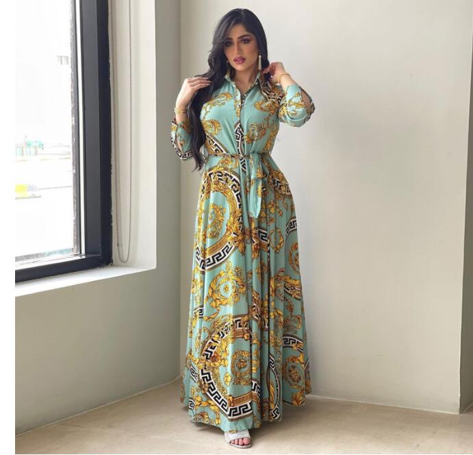 Vêtements ethniques mode Robes maxi élégantes françaises pour les femmes à imprimé rétro Muslim Dubai Abaya Revers à manches longues à manches lo