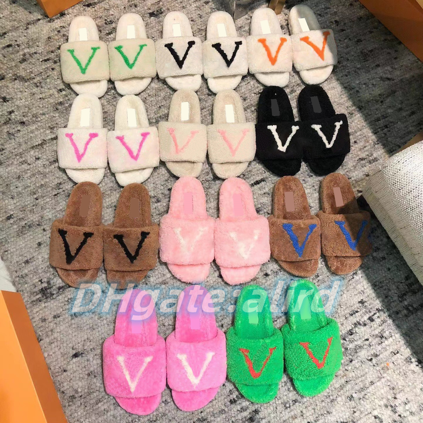 

fuzzy slipper slide luxury designer women furry fur letter winter wool slippers slides warm plush girl lady indoor Fluffy sandal comfortable Flip Flop, #10 green--red letters