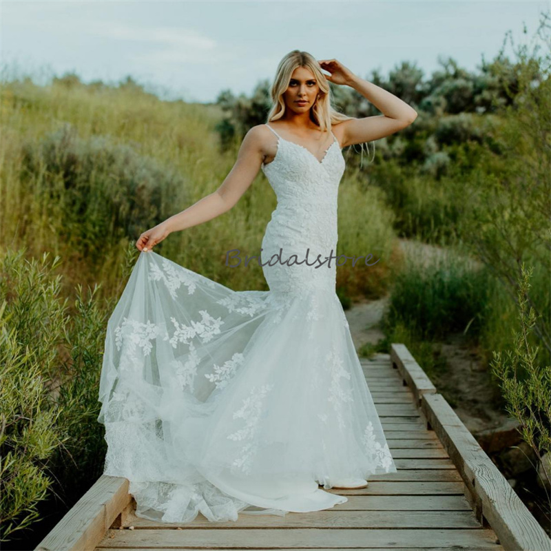 Plus Size Lace Mermaid Wedding Dress 2023 White Spaghetti Straps Fall Country Style Bridal Gowns Quickly Shipping Japanese Bride robe mariee Femme v