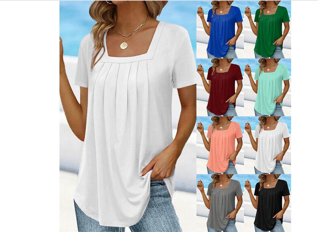

Holiday Tee Blouse Pullover Summer Tops Swing T-shirt Pleated Plus Size Solid, Yellow