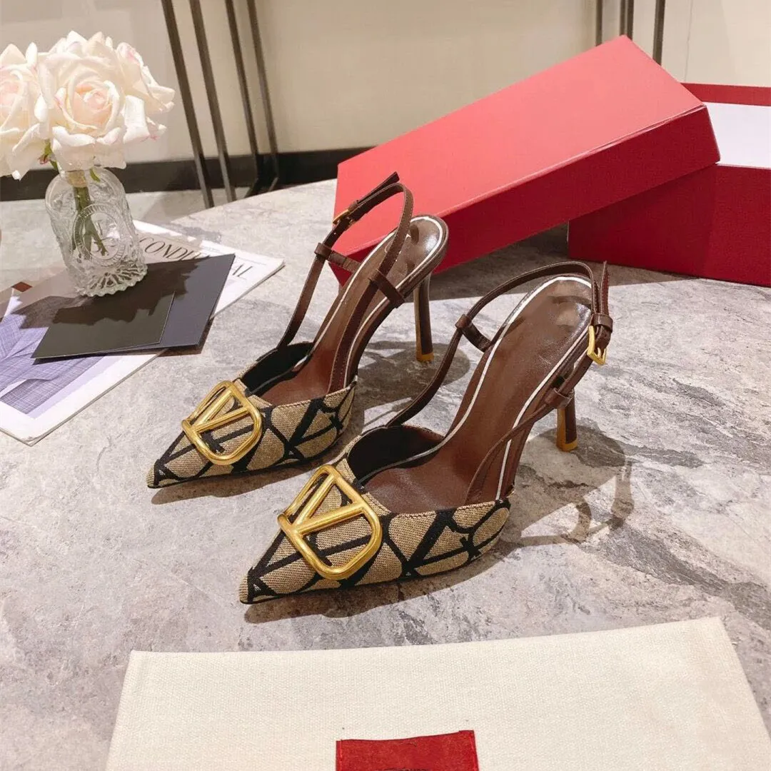

2023 New Women High Heels V Sandals Metal Buckle Classics Printing Brown Genuine Leather Thin Heel 4cm 6cm 8cm 10cm Designer Women's Sandal with Red Bag -44, All black