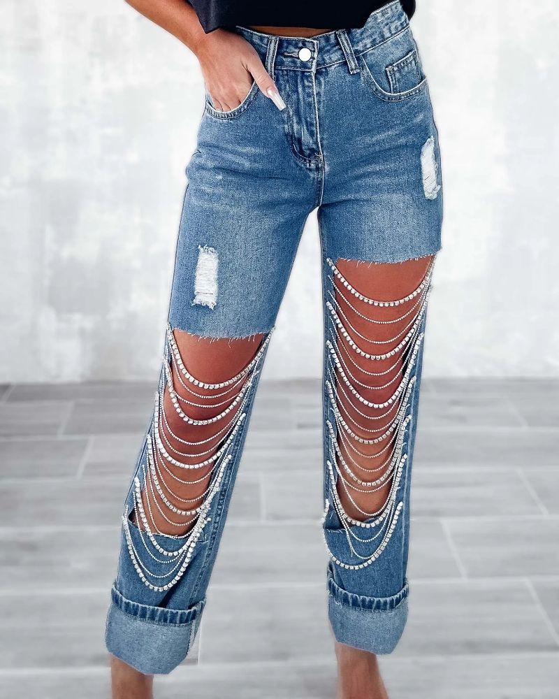 

Cyber Y2k Vintage Hollow Hole Chain Straight Jeans Women Autumn High Waist Loose Denim Long Pants Casual Streetwear 90s Trousers, Blue 1