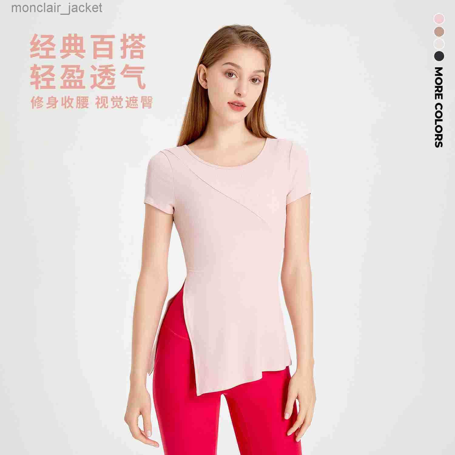 

Designer Women T Shirt Labeled Sports Short Sleeve T-shirt Slim Fit Hem Side Split Yoga Dress Quick Dry Running Fitness Top Summer, Black