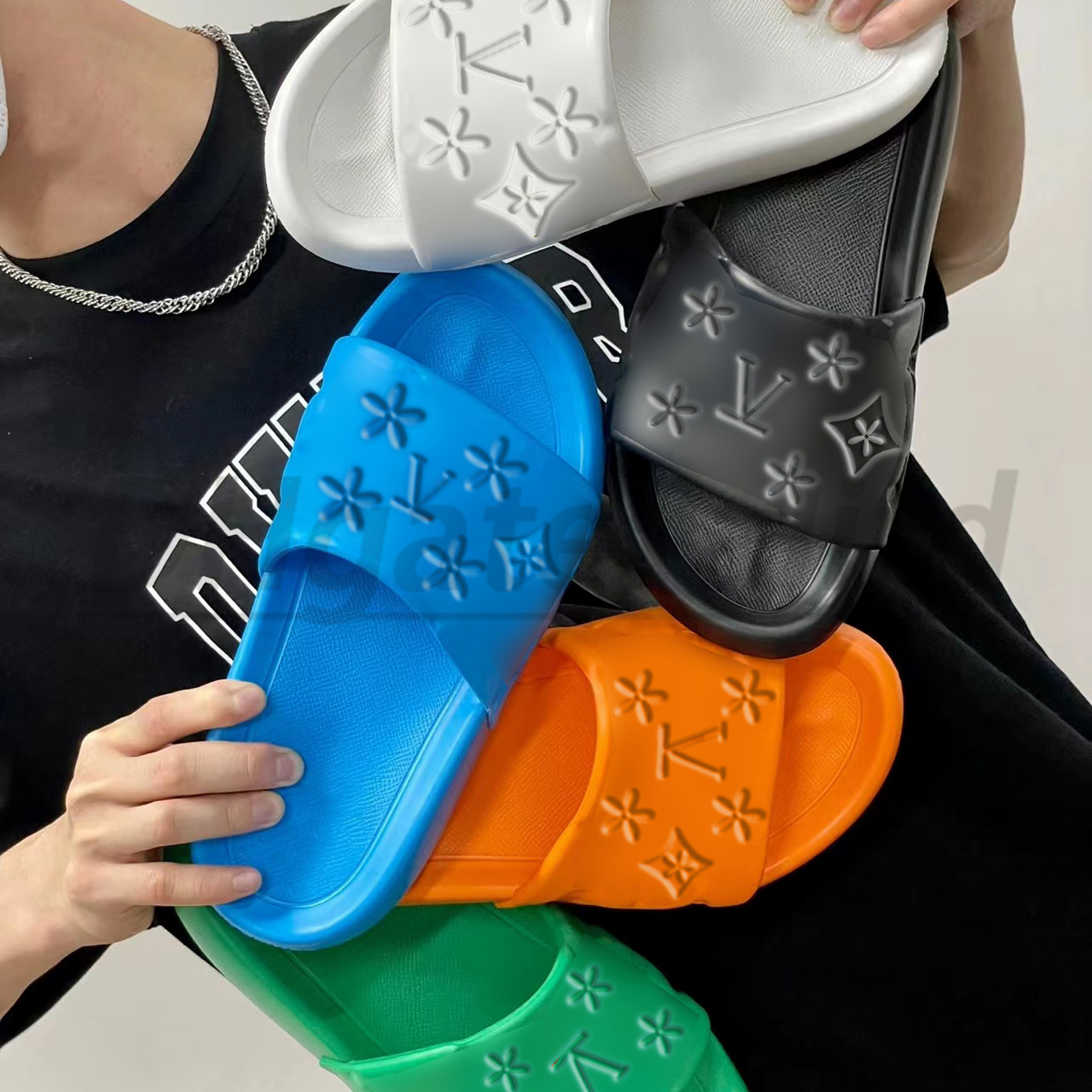 

luxury designer slide slipper for women men Waterfront Mule embossed rubber waterproof thick platform beach flat slide, #4