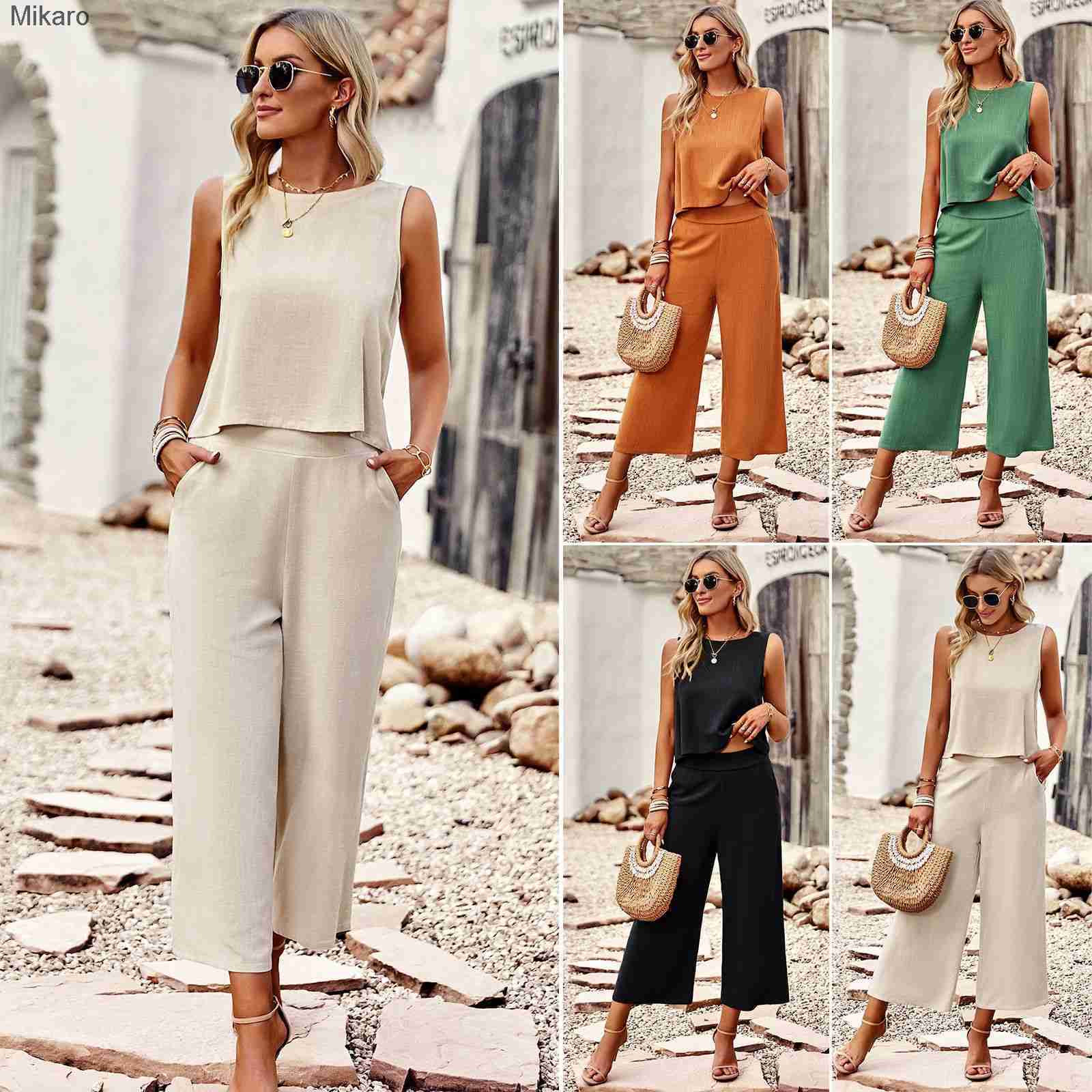 (Mikaro) loewe designer Diyun Fashion Set Women&#039;s 2023 Summer Temperament Sleeveless Top and Capris Two Piece Set-image-864767551