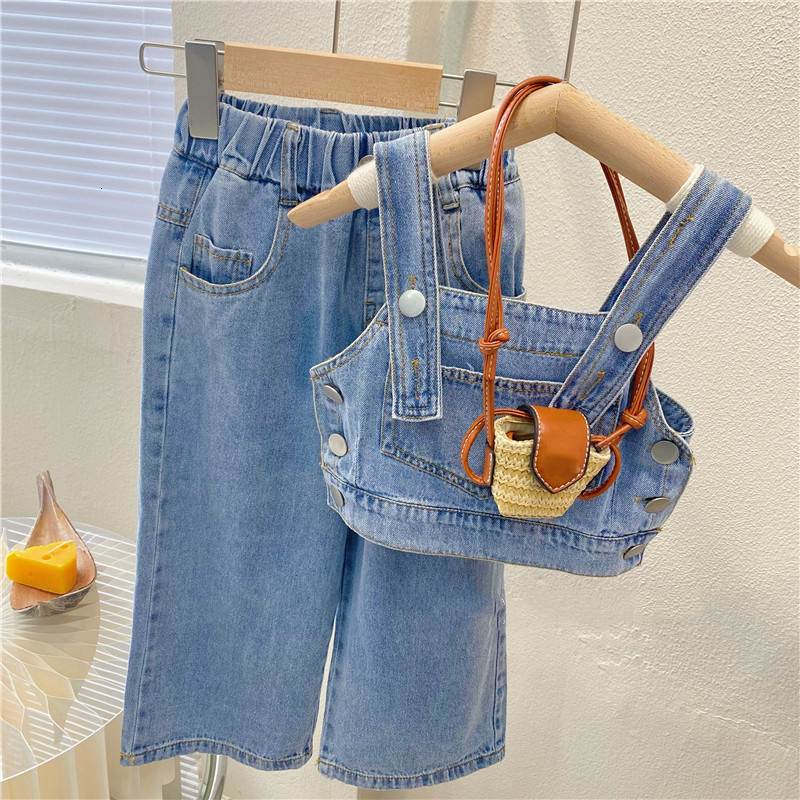 Ensembles de vêtements été filles poche boutons rue Denim gilet large jambe pantalon mode bébé enfants tenue enfants vêtements costumes 230511