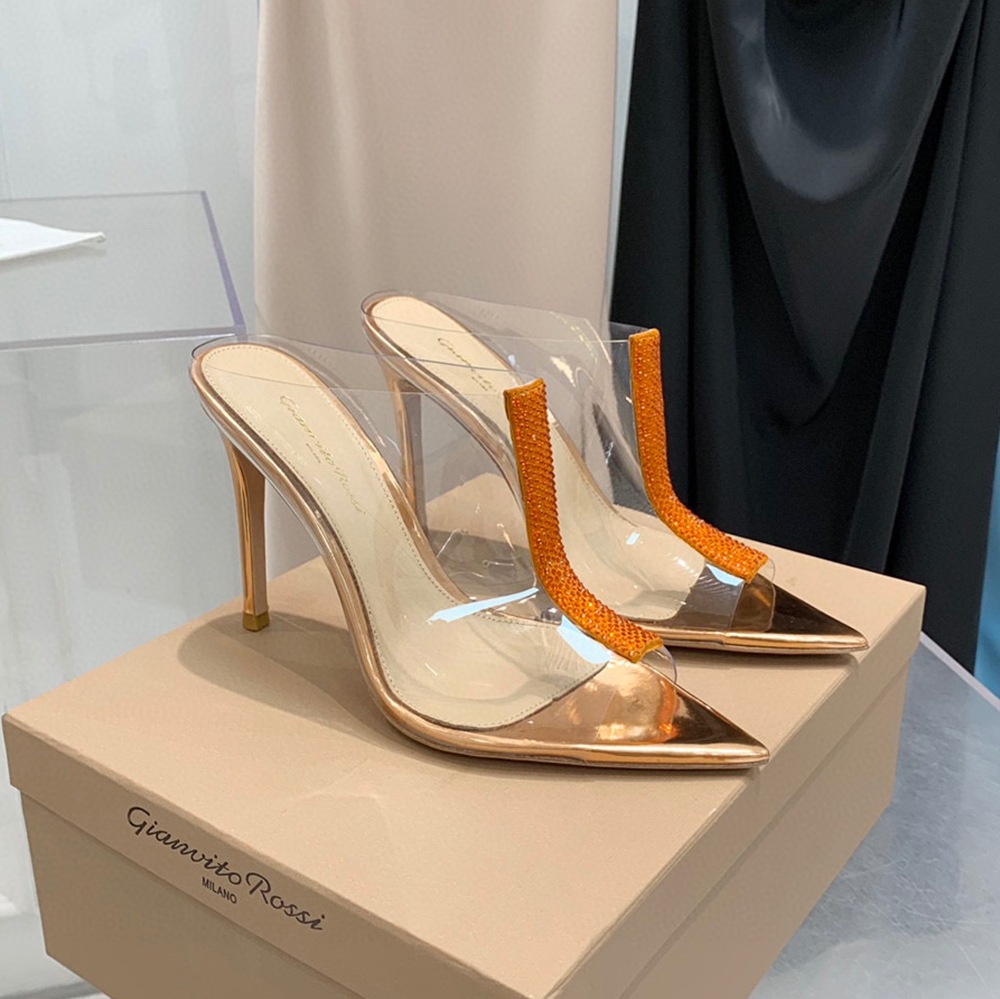 

Gianvito Rossi stiletto Slip-On Slippers PVC Muilezels Pointed toe women's heel Luxurys105mm women Luxurys Designers summer super high Fac tory Footwear, Gold