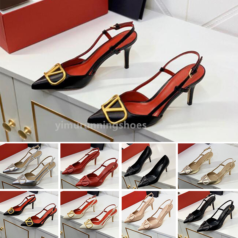 Sandales pour femmes talons hauts pointues chaussures décontractées classiques métal vagile V-Buckle mince talon 6cm 8cm 10cm en cuir authentique