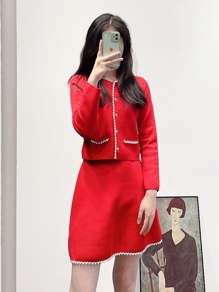 

23-Casual Knitted Half Skirt+Cardigan Sa nd ro Women's Beaded Knitted Cardigan Top | s-L, Customize