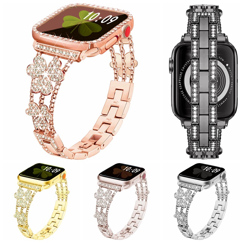 

Luxury Bling Diamond Watch Straps For Apple Watch Bands 49mm 45mm 38mm 40mm 42mm 44mm Metal Women Glitter Clover Band iwatch Series Ultra 8 7 6 5 4 3 SE