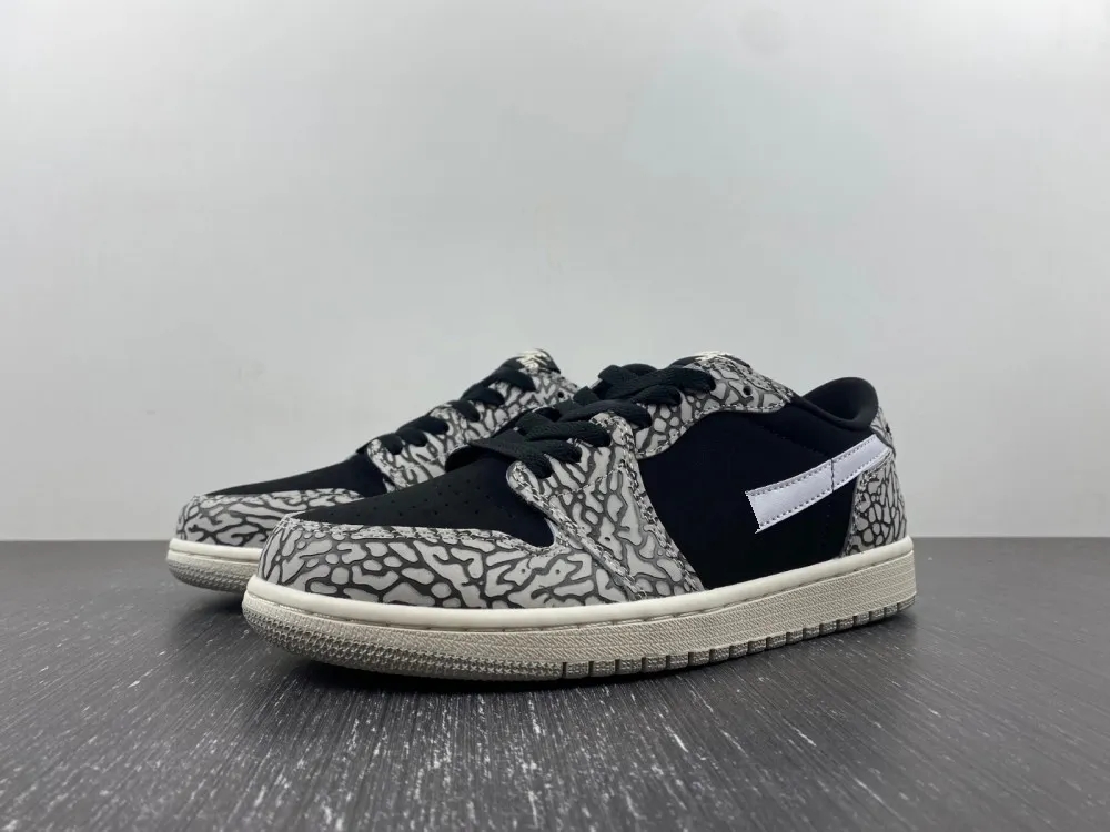 

Original Quality 1 Basketball Shoes Elephant Print Accents The 1s Low OG Black Cement Black Grey White Outdoor Shoes, 01