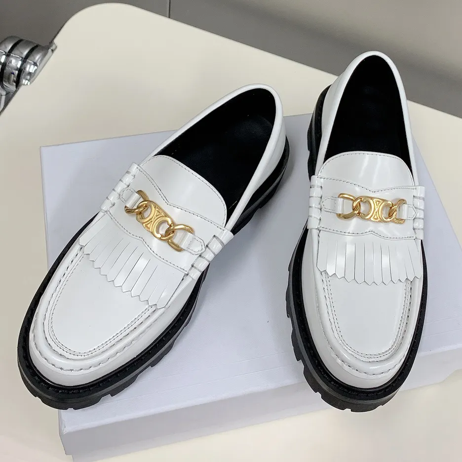 

Luxury Designers flat Dress shoe Genuine calfskin leather slip on flats women's White MARGARET shoes Triomphe golden chain fringed loafers, Black