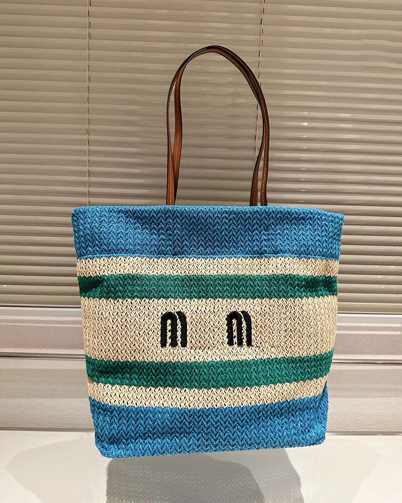 

2023 Summer New Shoulder Beach Bags Totes Handbags Designer Women Weave Straw Bag Fashion Blue Beige Stripe Shopping Purses Large Capacity
