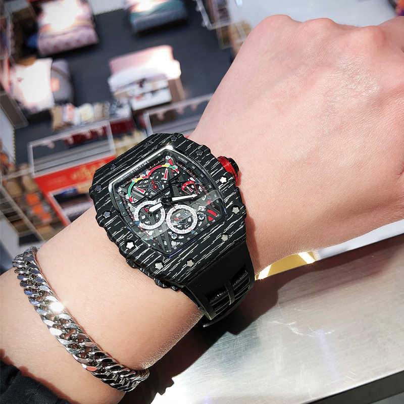 

Super mechanical chronograph wrist watches Rm50-03 personalized men's hollowed black technology cool barrel shaped concept Designer Amazing High quality 4p, Black shell red band